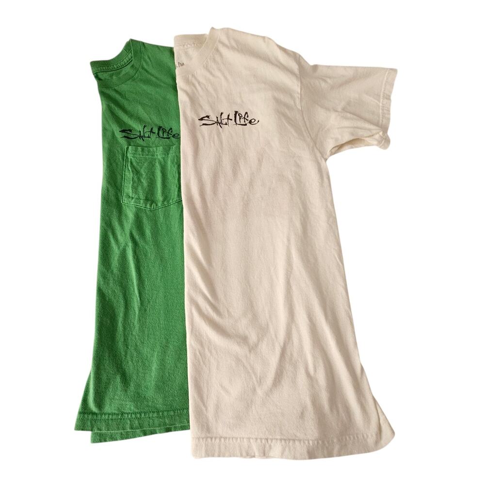 Lot of 2 Salt Life T-shirts Size M Unisex White Skull Green Shut Up And Reel - Picture 2 of 11